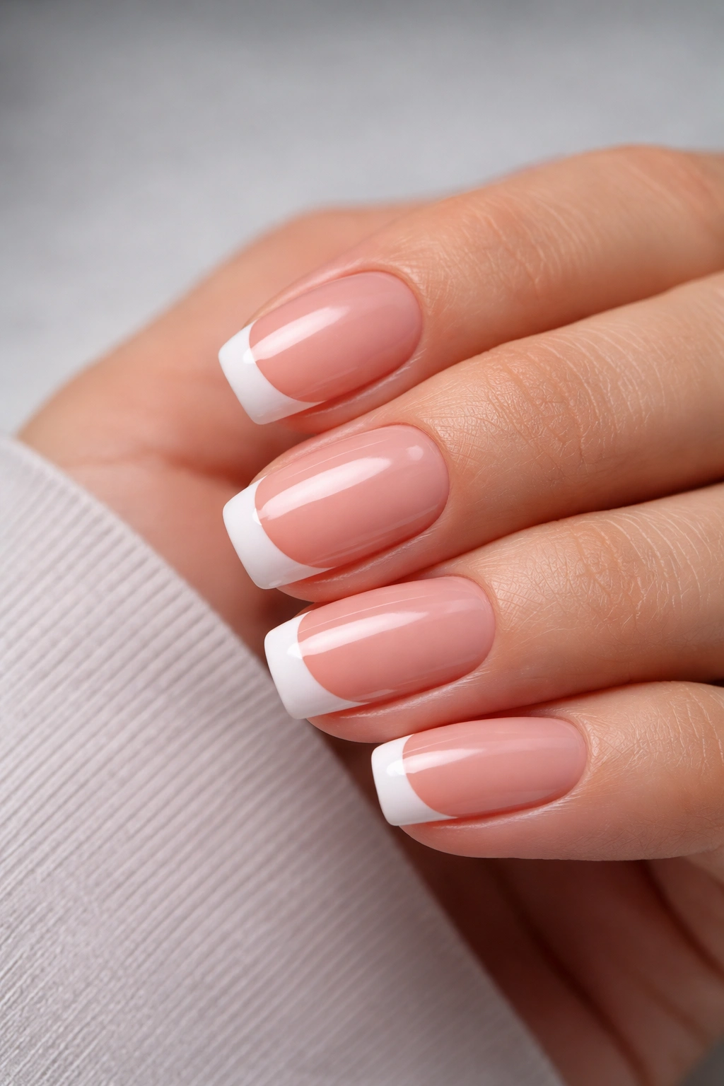 Close-up of short squoval nails with a thin blush-pink line between nude base and white tip