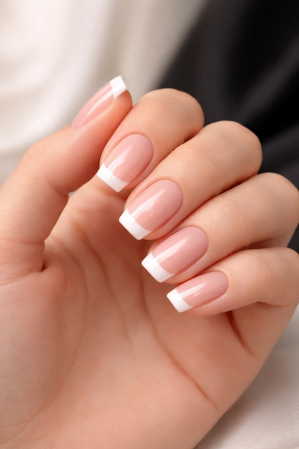Close-up of hands with classic French manicure against a neutral background.