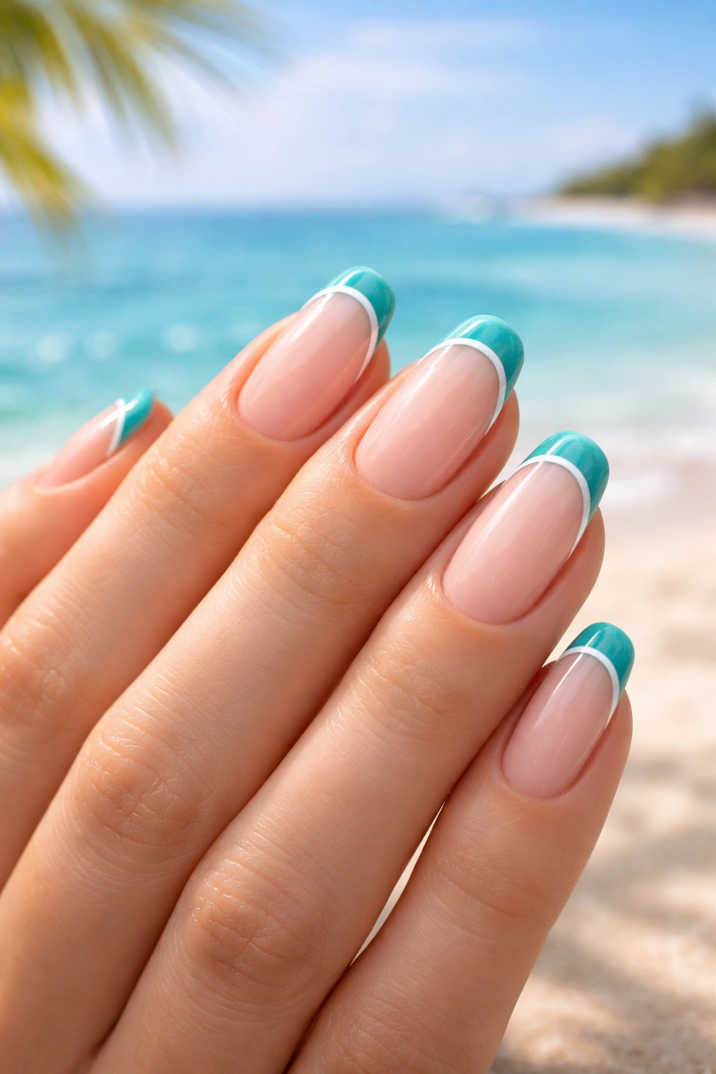 Nails with turquoise French tips on natural base, beach-inspired twist