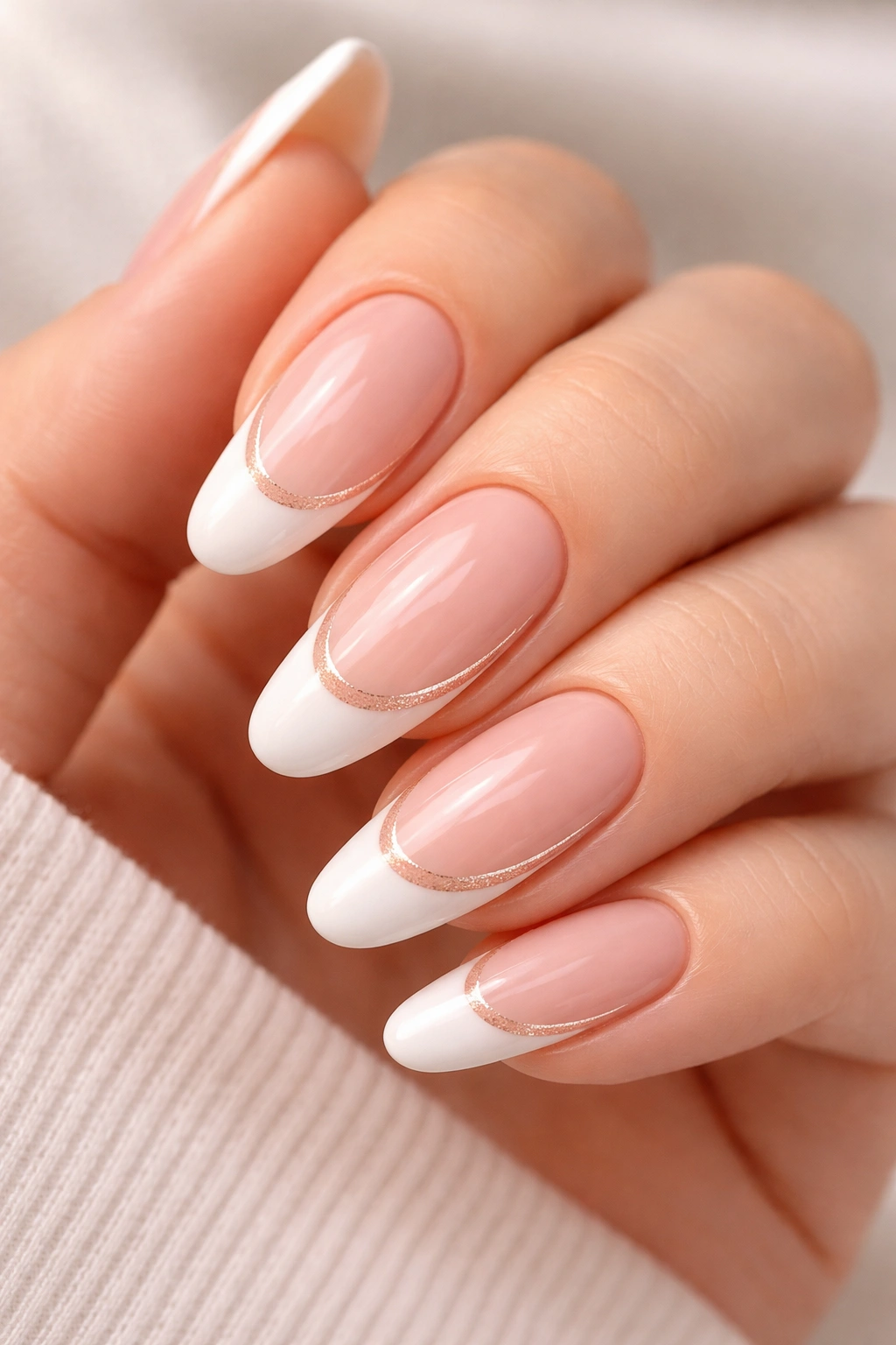 Close-up of long round nails with French manicure twist on nude base