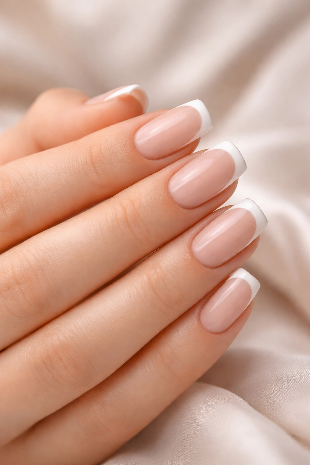 Close-up of hands with a classic French manicure.