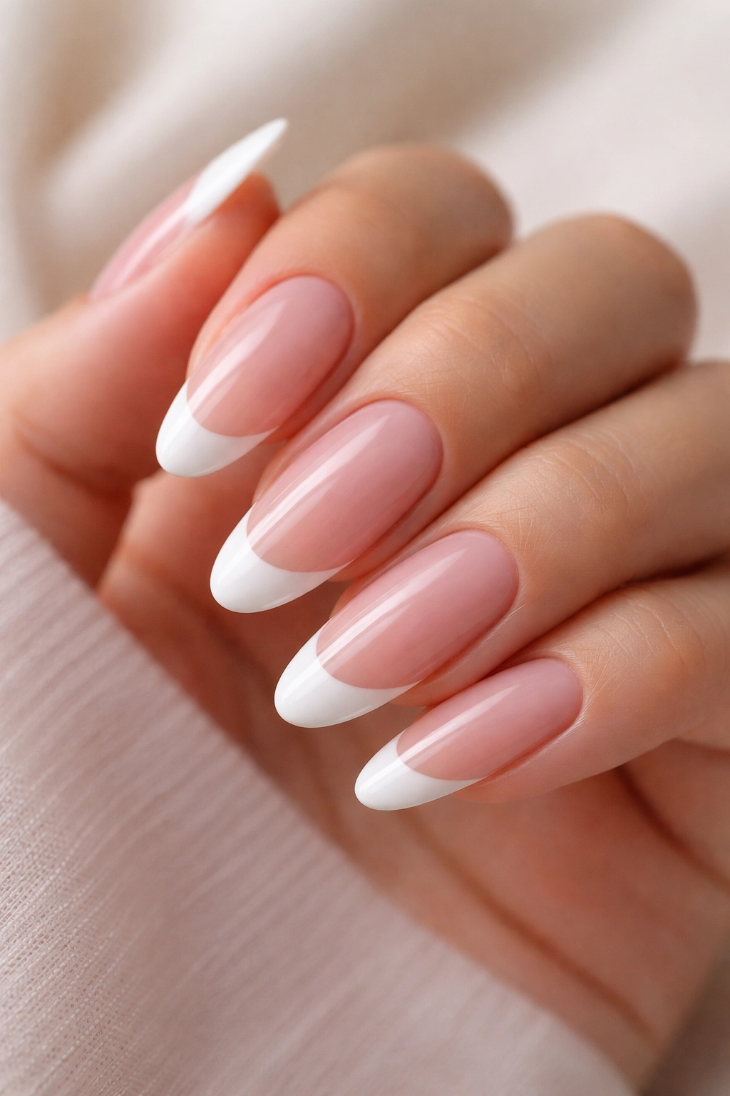 Close-up of classic white French on a sheer pink base on long oval nails