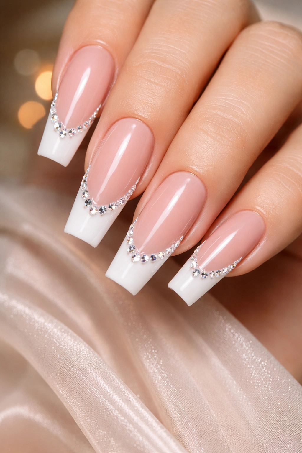 Close-up of coffin nails with nude base, white tips, and rhinestones