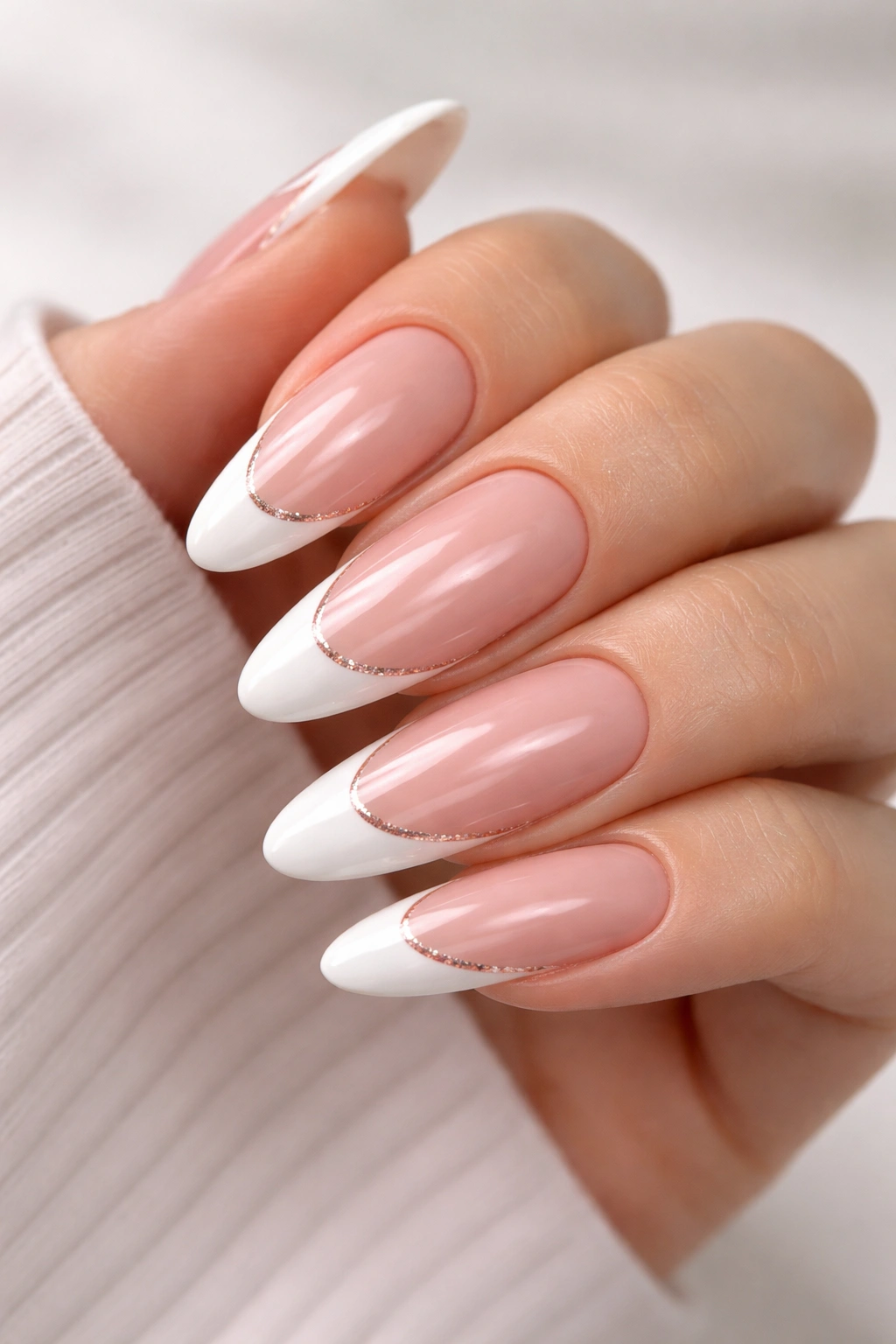 Long oval nails featuring a classic French twist with a subtle rose-gold line