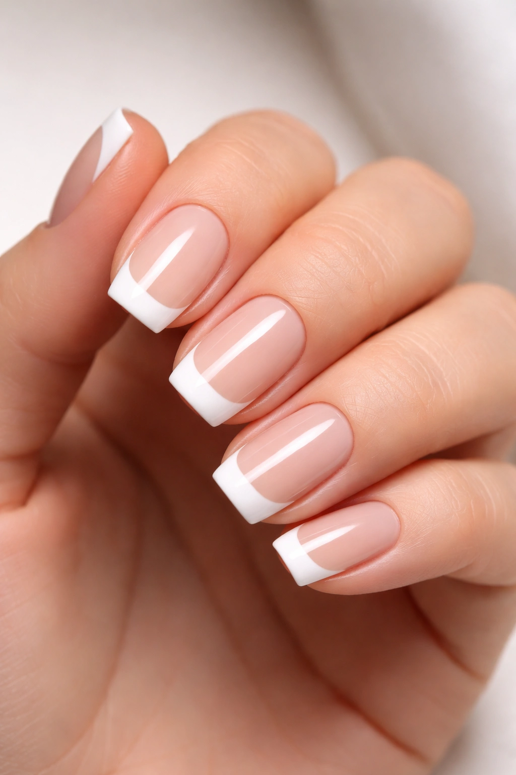 Close-up of squoval nails with razor-sharp white French tip on nude base