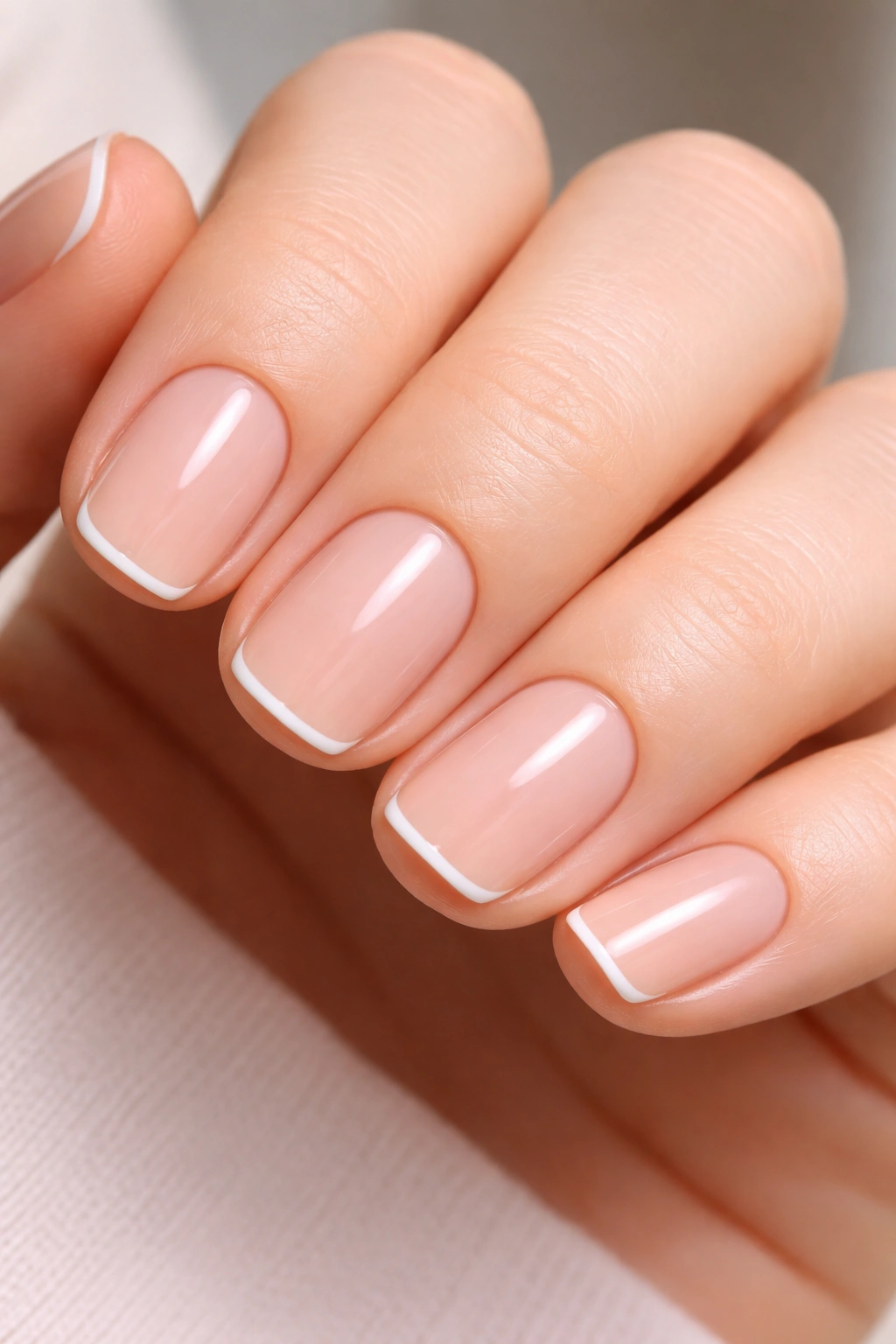 Close-up of nails with ultra-thin white line on nude base