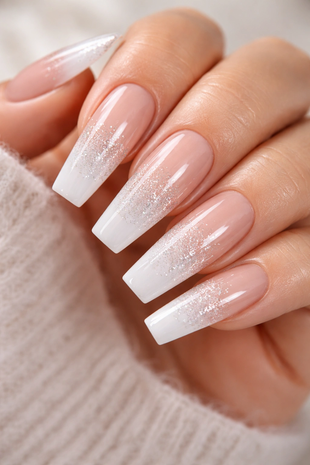 Coffin nails with nude-to-white glitter gradient and high gloss