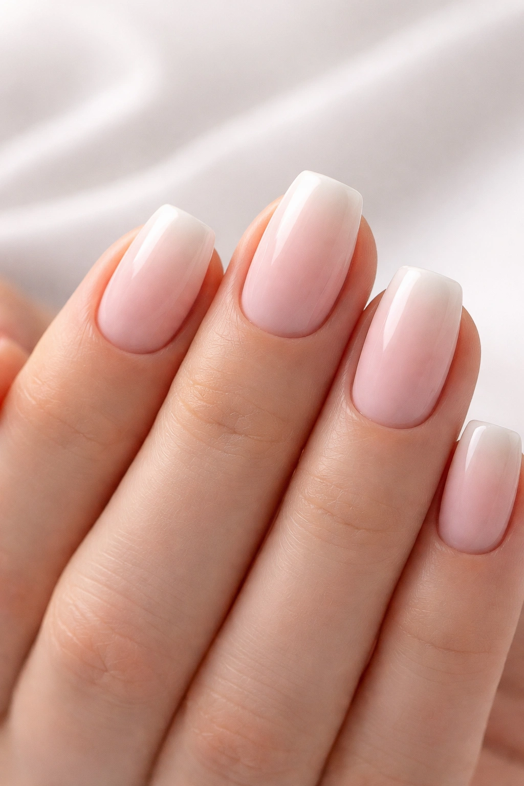 Close-up of short squoval nails with a soft nude to white ombre gradient