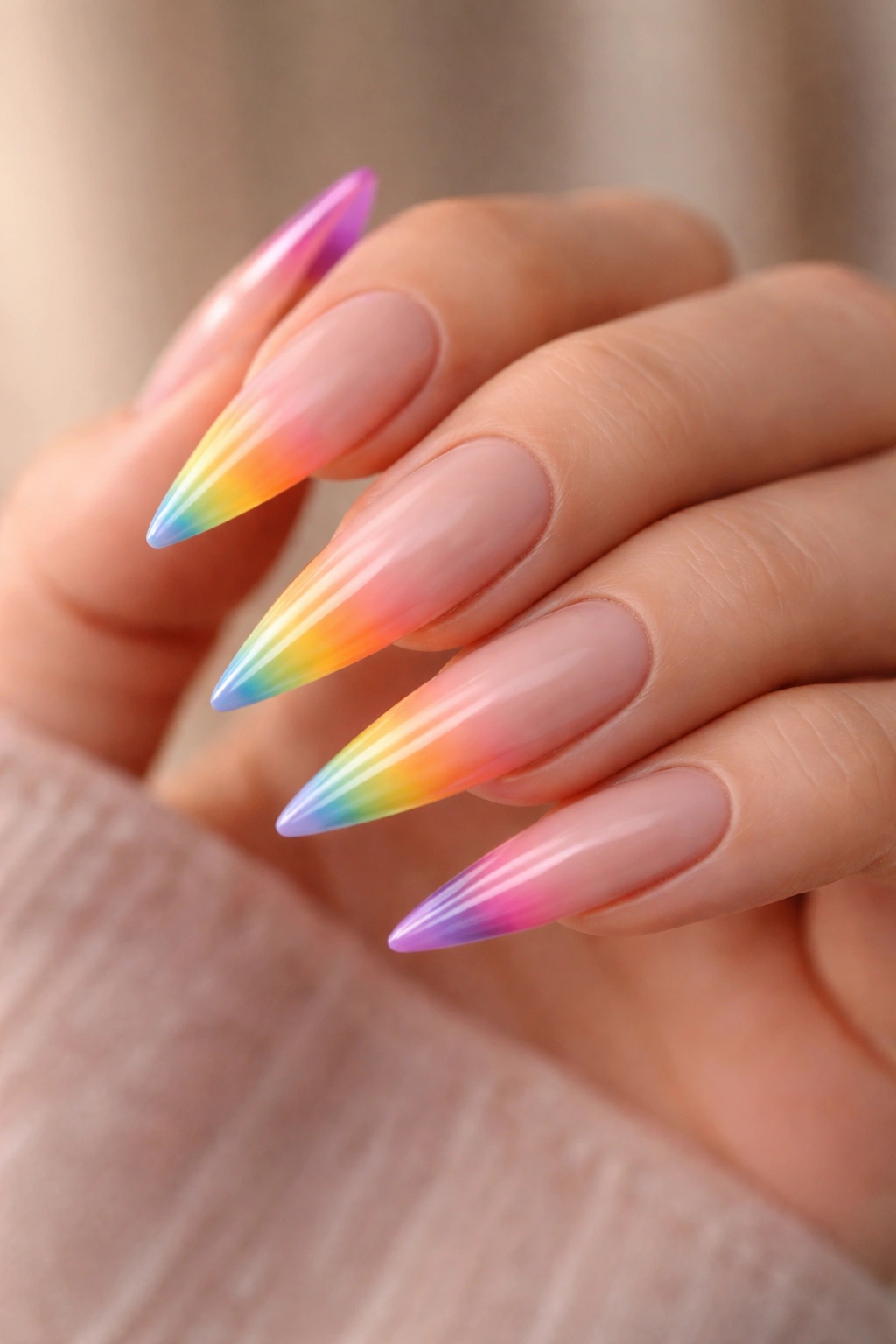 Nude-based stiletto nails with rainbow ombre tips