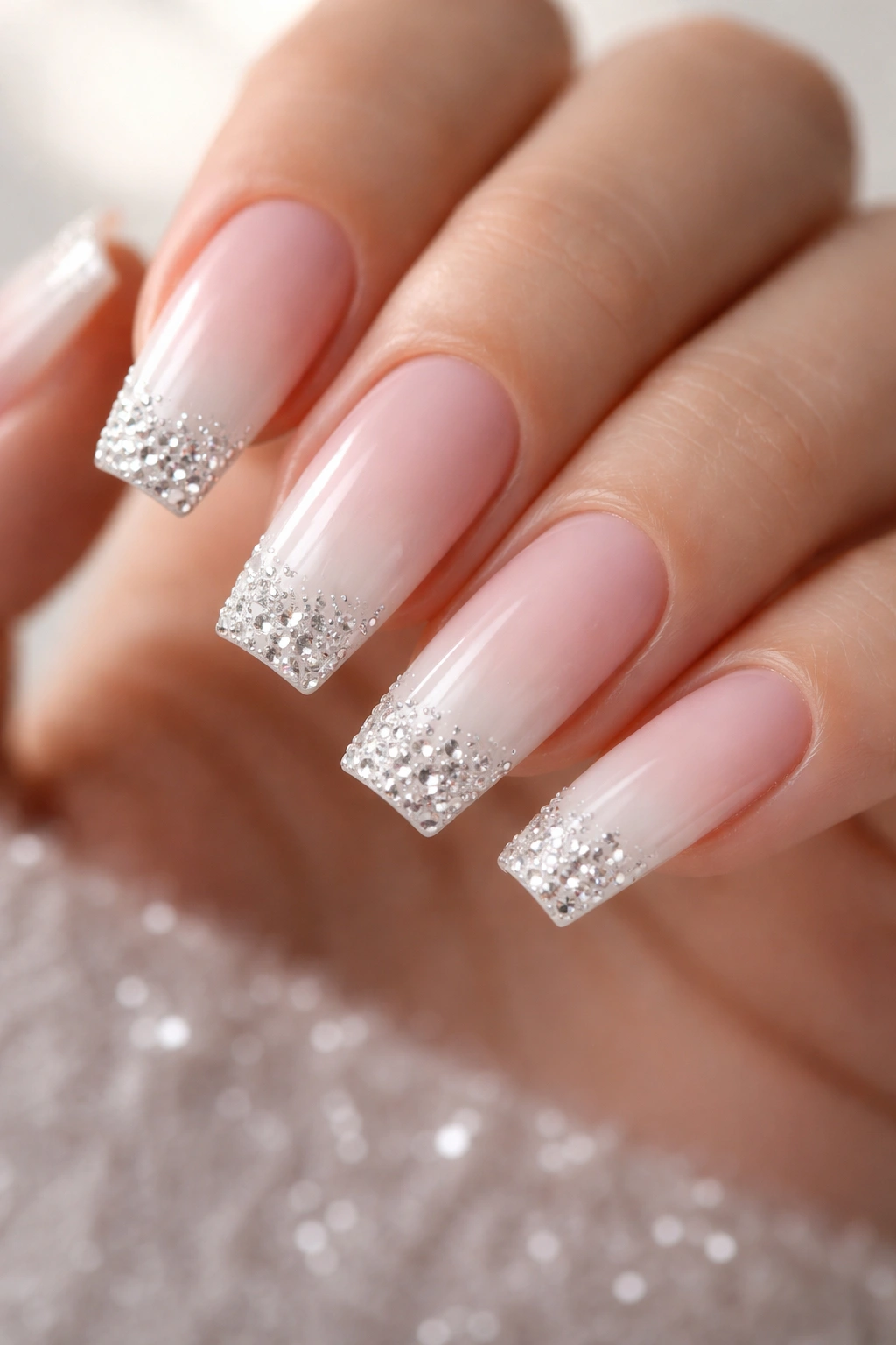 French ombre coffin nails with rhinestones at the tips