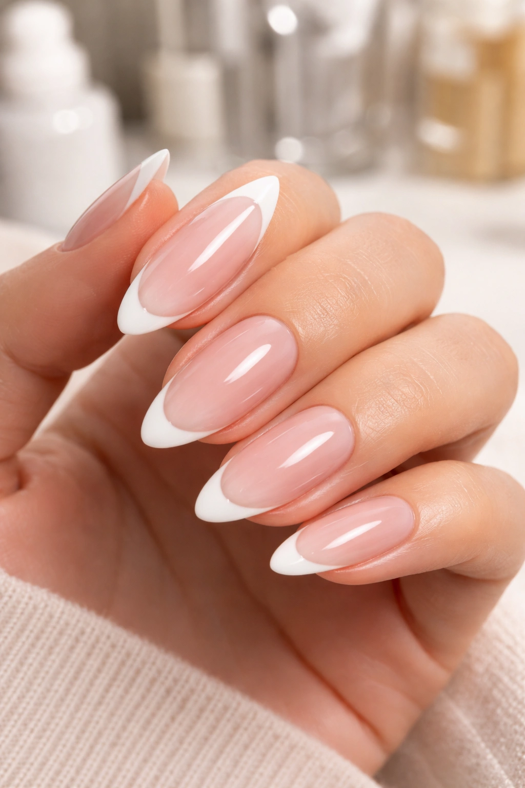 Close-up of French pink almond nails with sheer base and slim white tip