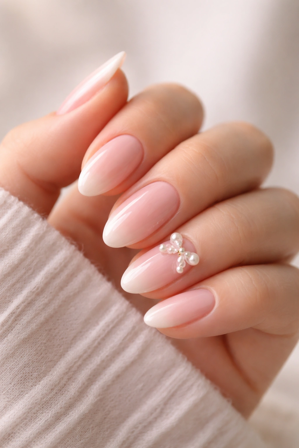 Short almond nails with pink tint and a single pearl bow accent