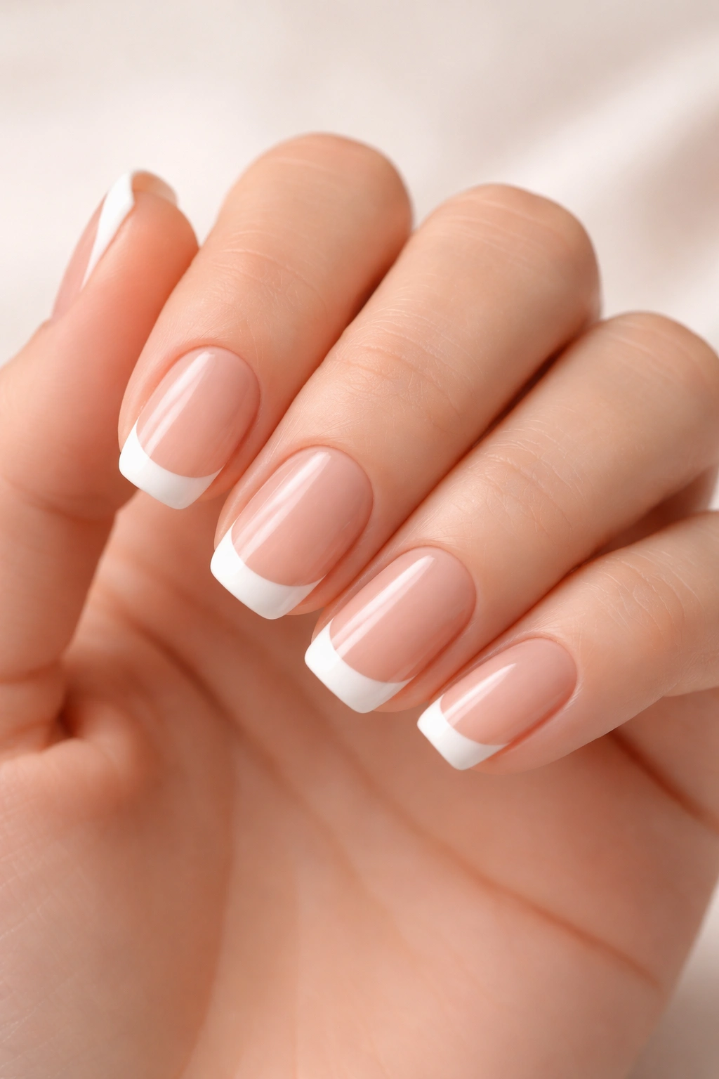 Close-up of squoval nails with curved white tips on nude base