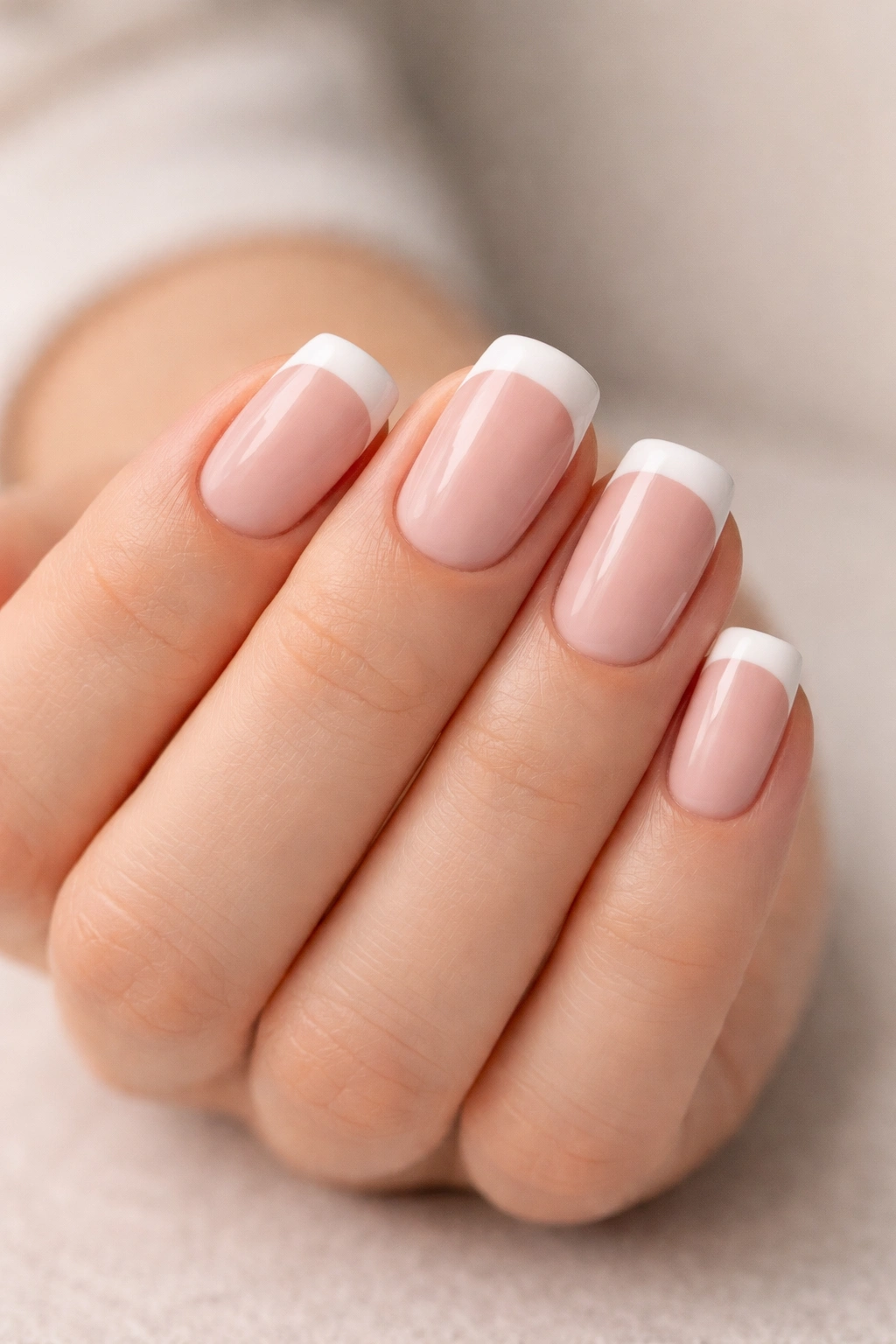 Close-up of short squoval nails with a classic French manicure on a beige-pink base