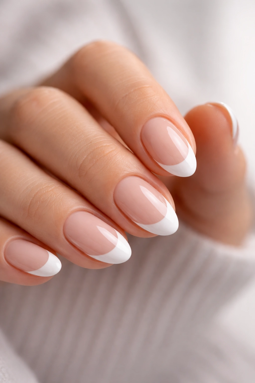 Almond nails with white French tips on nude base
