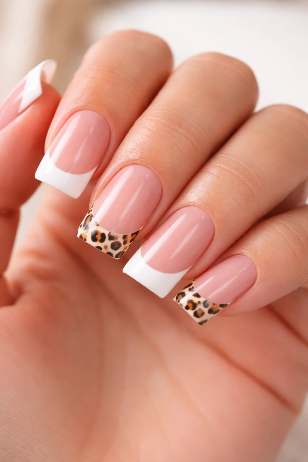 Nude duck nails with French tips and cheetah accents