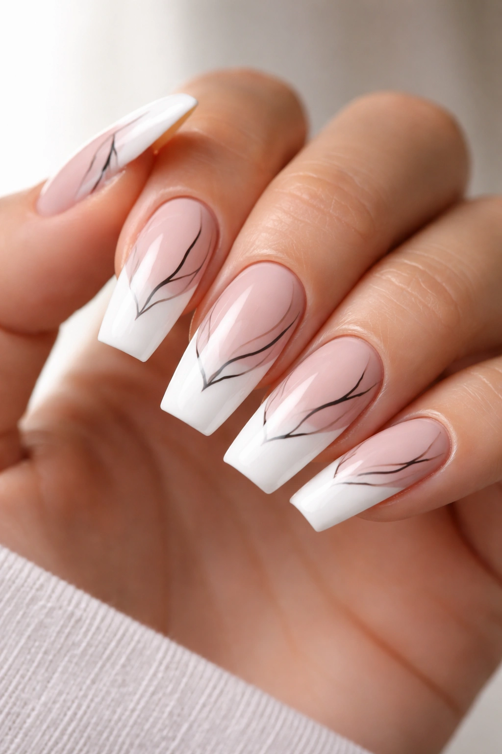Coffin nails with a bold modern French tip design on a plain background