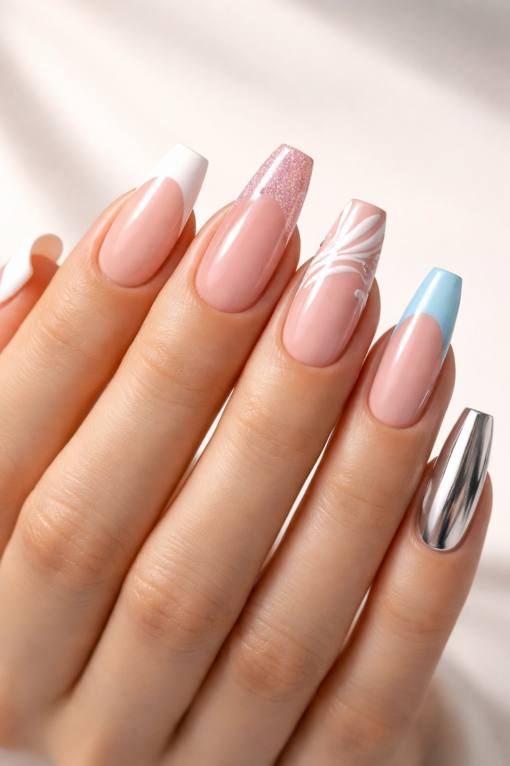 Hand displaying a range of French tip designs on nails