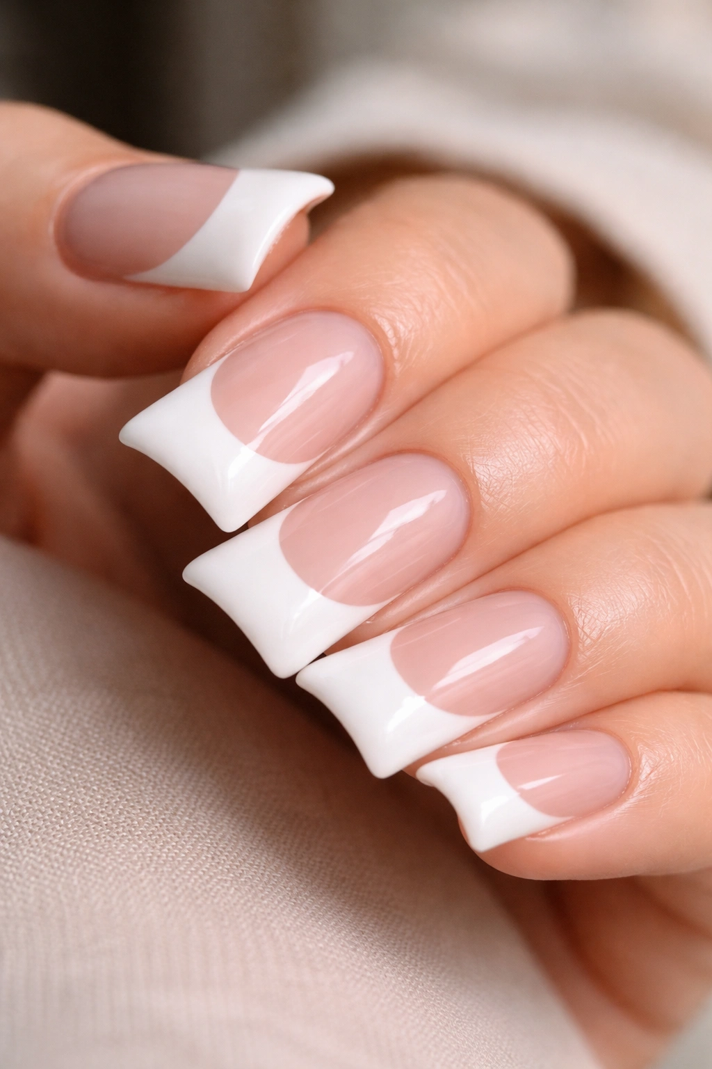 Close-up of nude-based duck nails with white widened tips