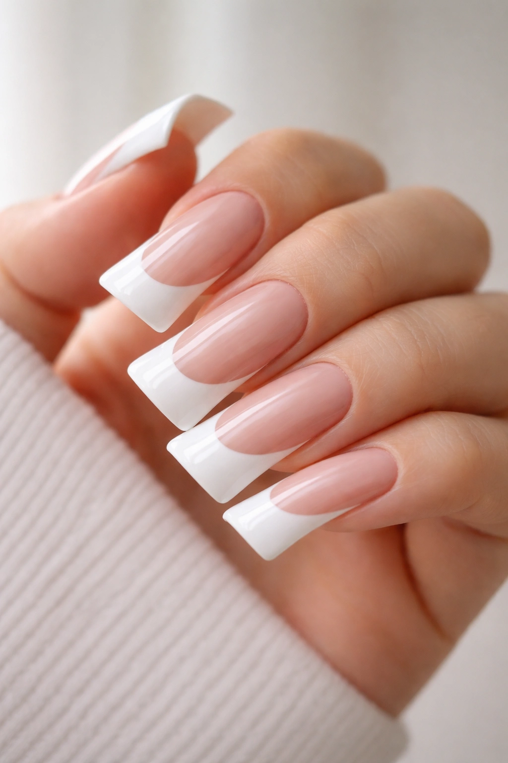 French tip white duck nails with nude base on curved nails