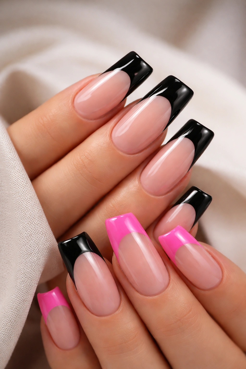 Duck nails with colored French tips on the curved duck shape