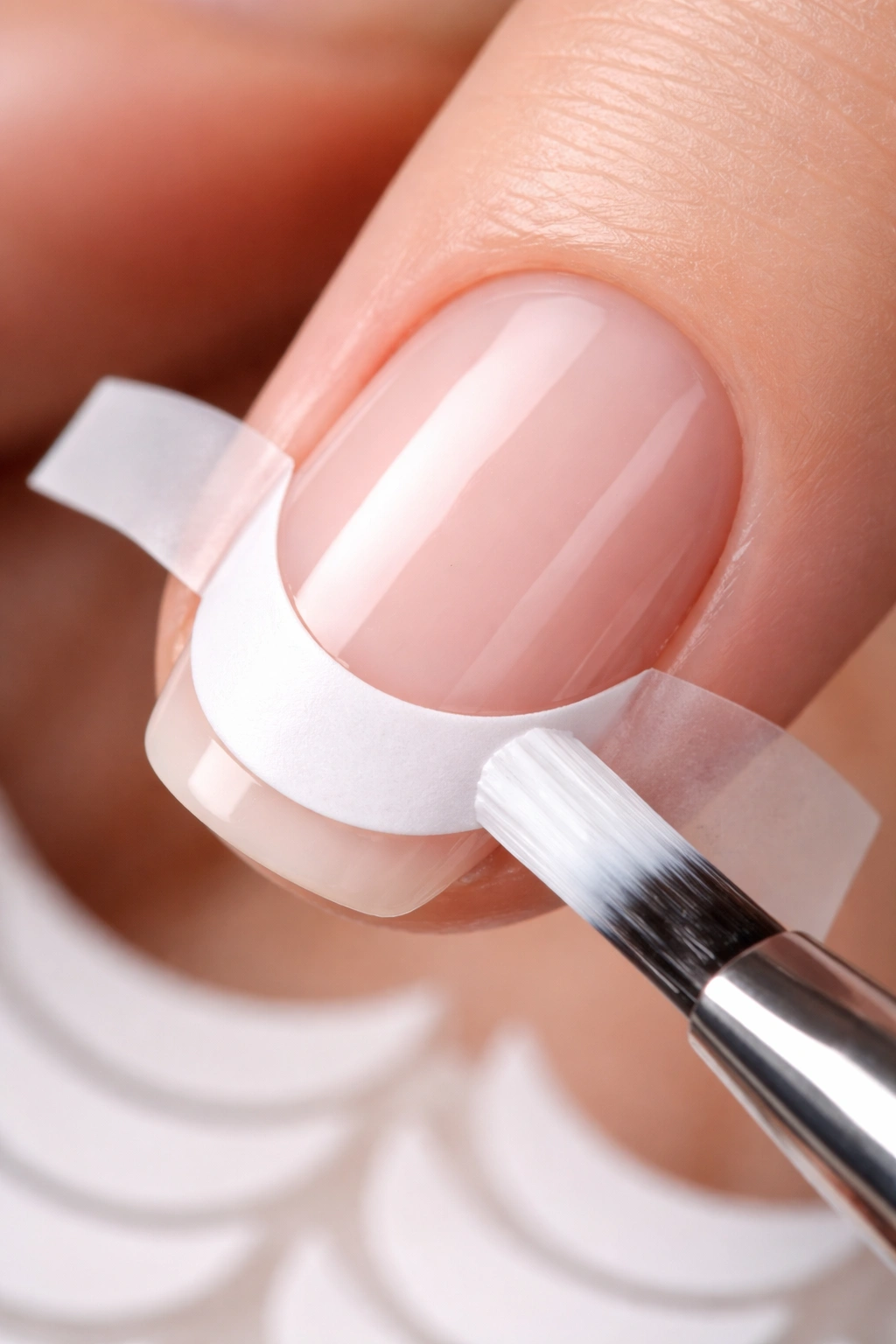 Nails with curved guides applied to create crisp French tip lines.