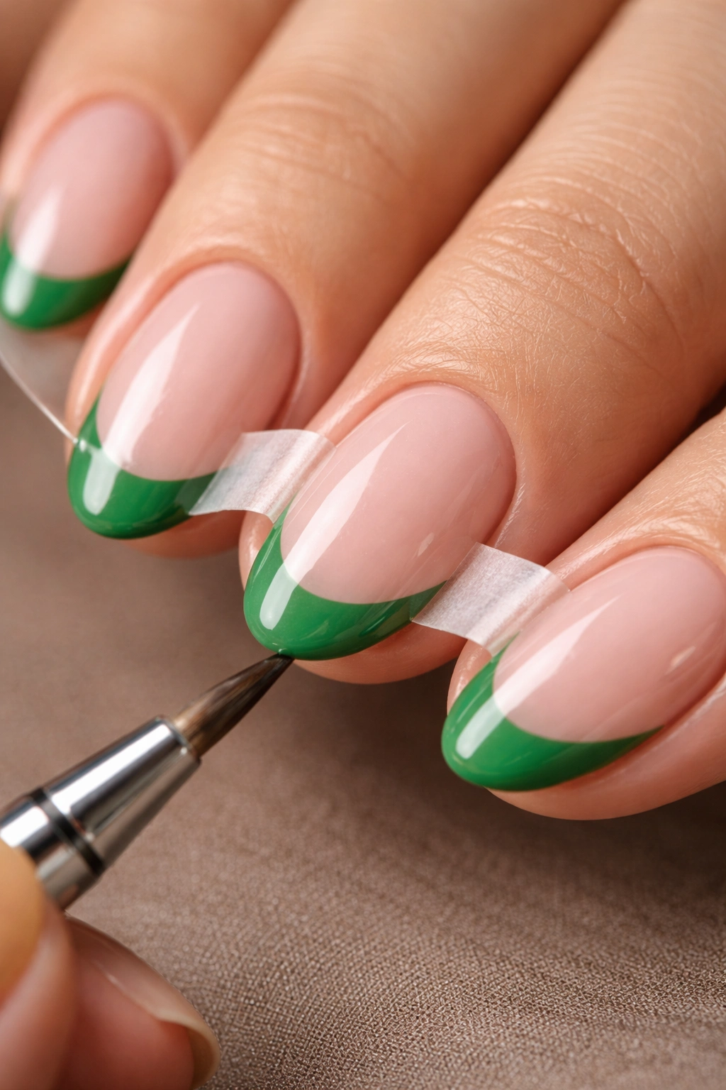 Close-up of crisp curved green tip line on short almond nails