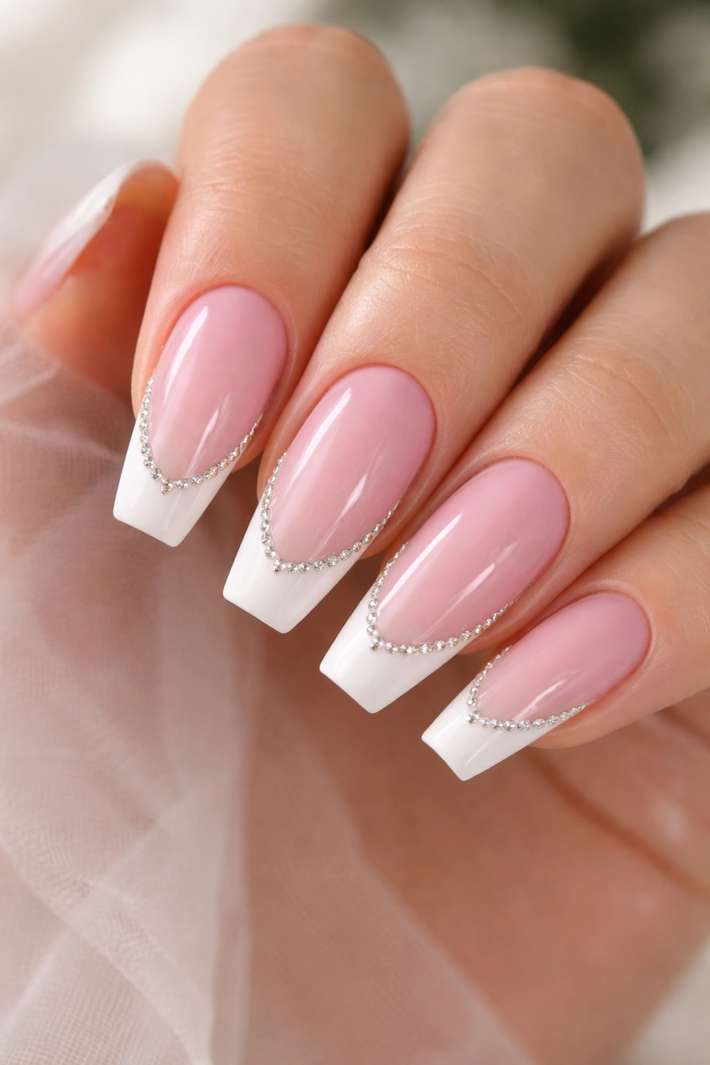 French tip outline with micro stones on coffin nails