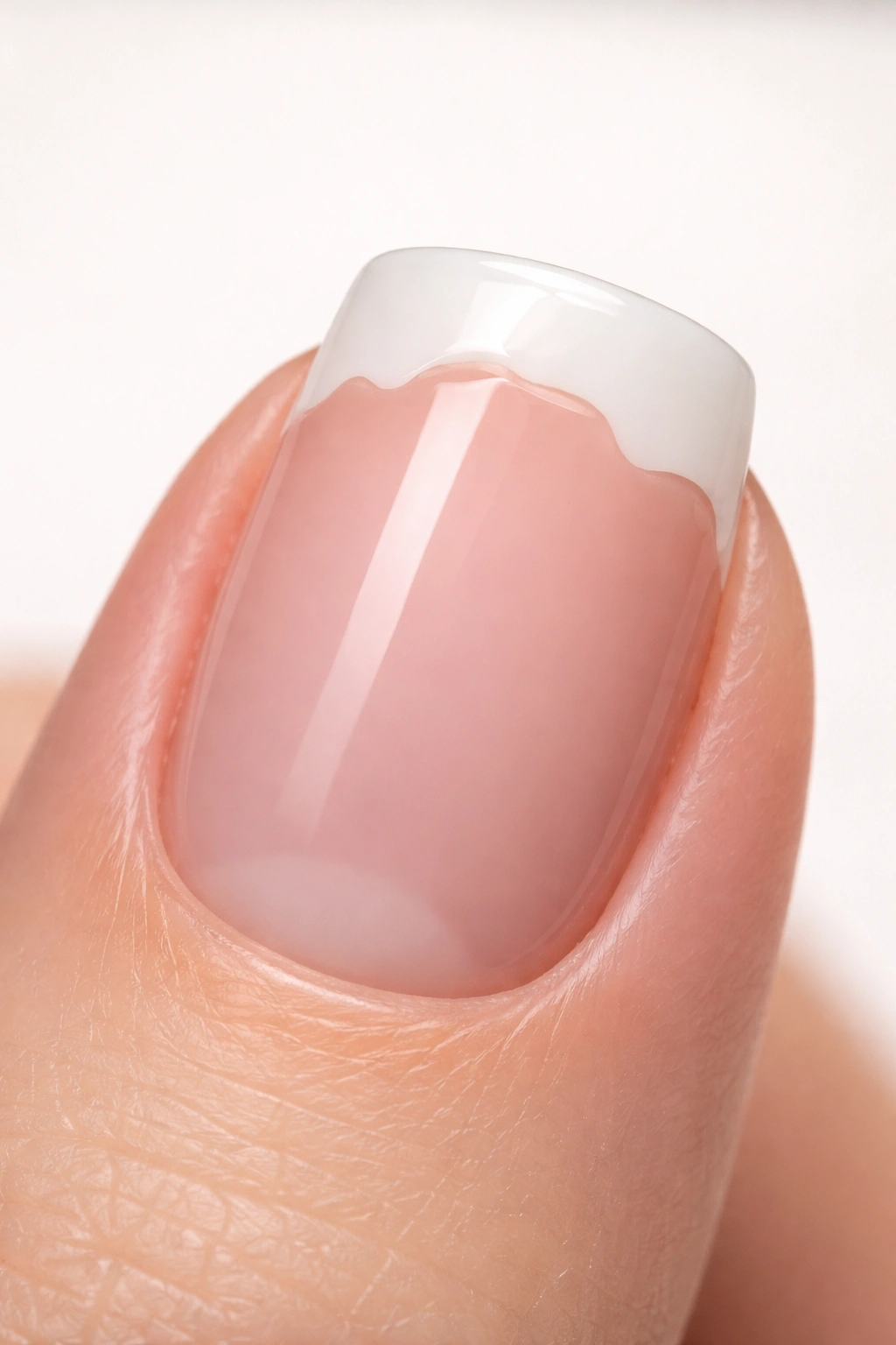 Close-up of a nail with an uneven white French tip on a short squoval acrylic nail against a neutral background