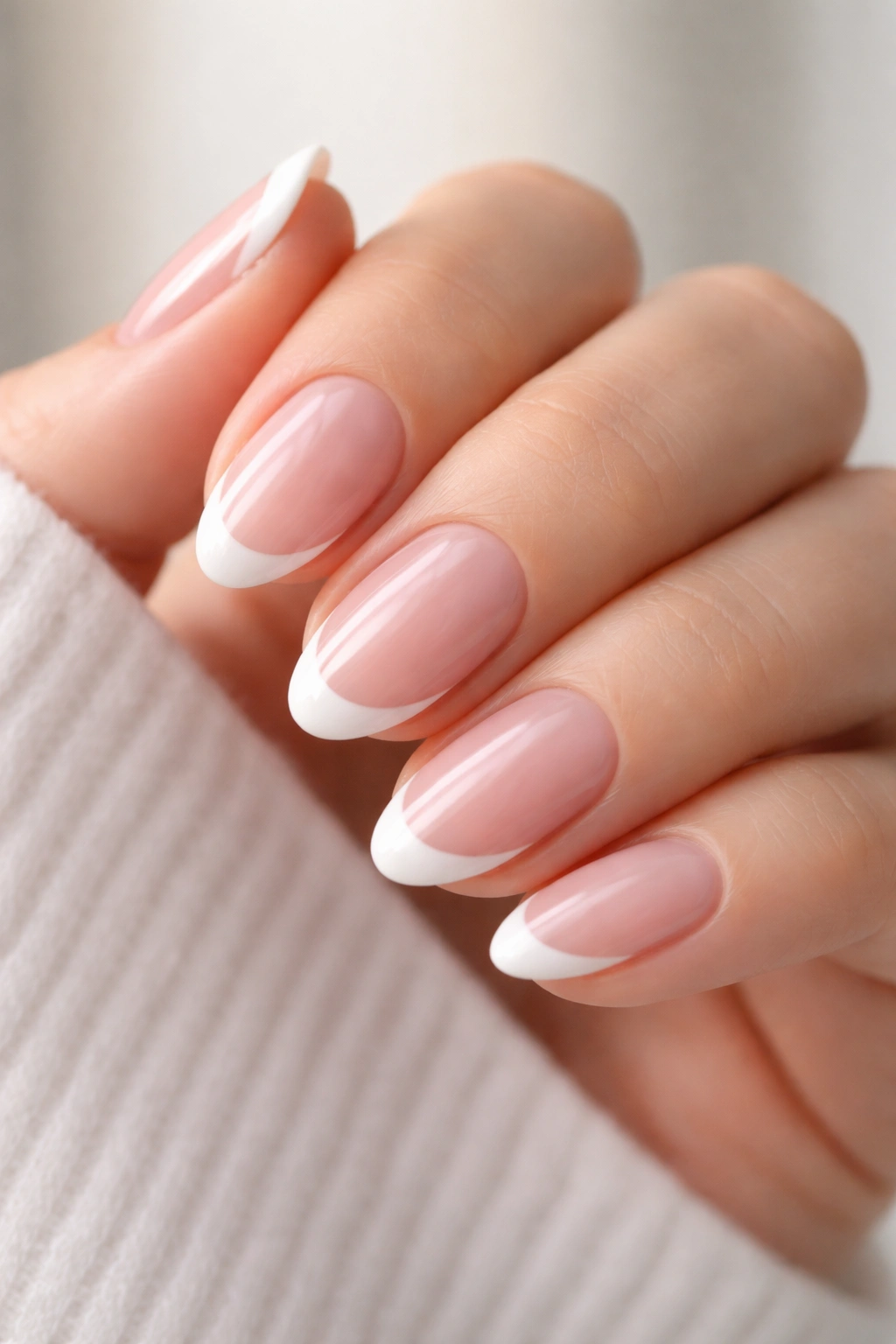 Close-up of hand with French tip on short almond nails