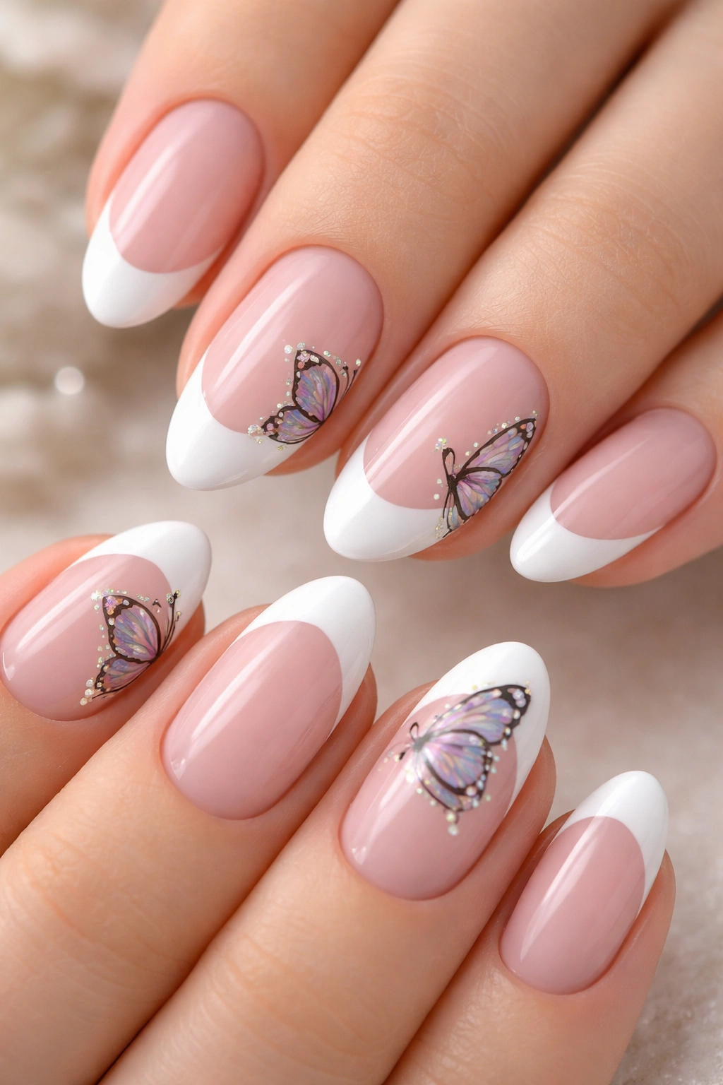 French tip almond nails with butterfly wing accents