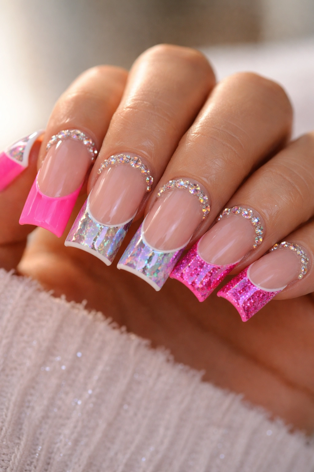 Duck nails with neon pink French tips and rhinestones