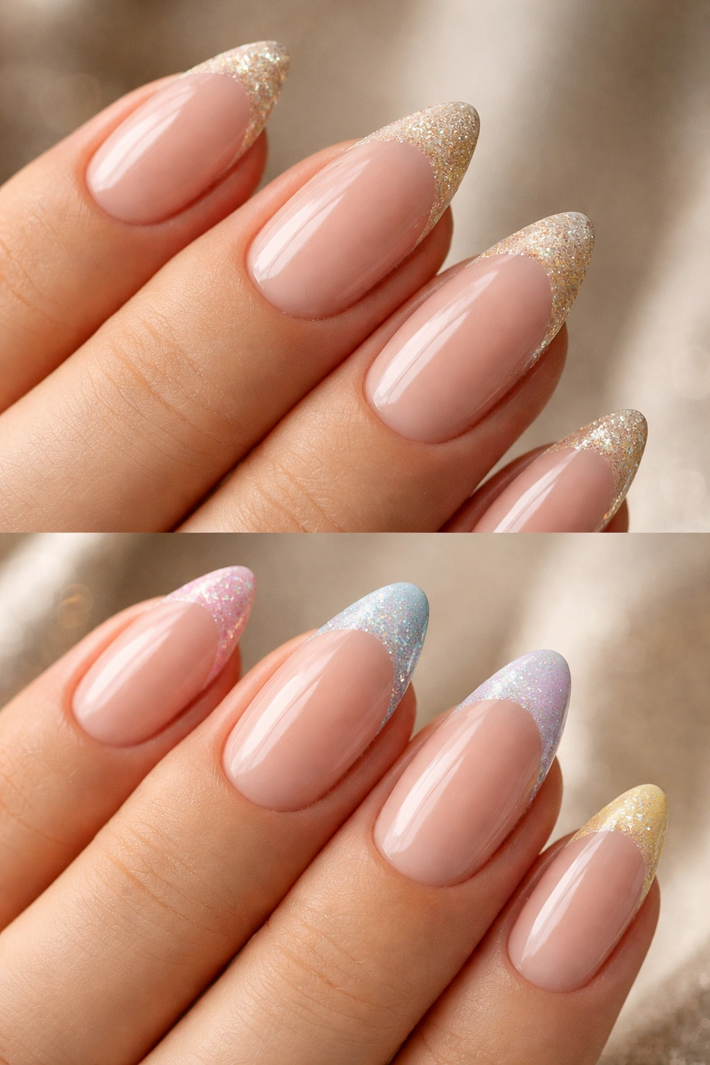 Almond nails with glitter champagne french tips