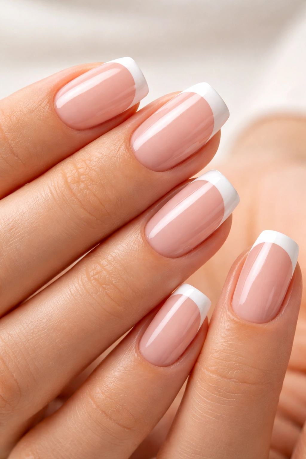 Close-up of hands with classic French tip nails on a neutral background