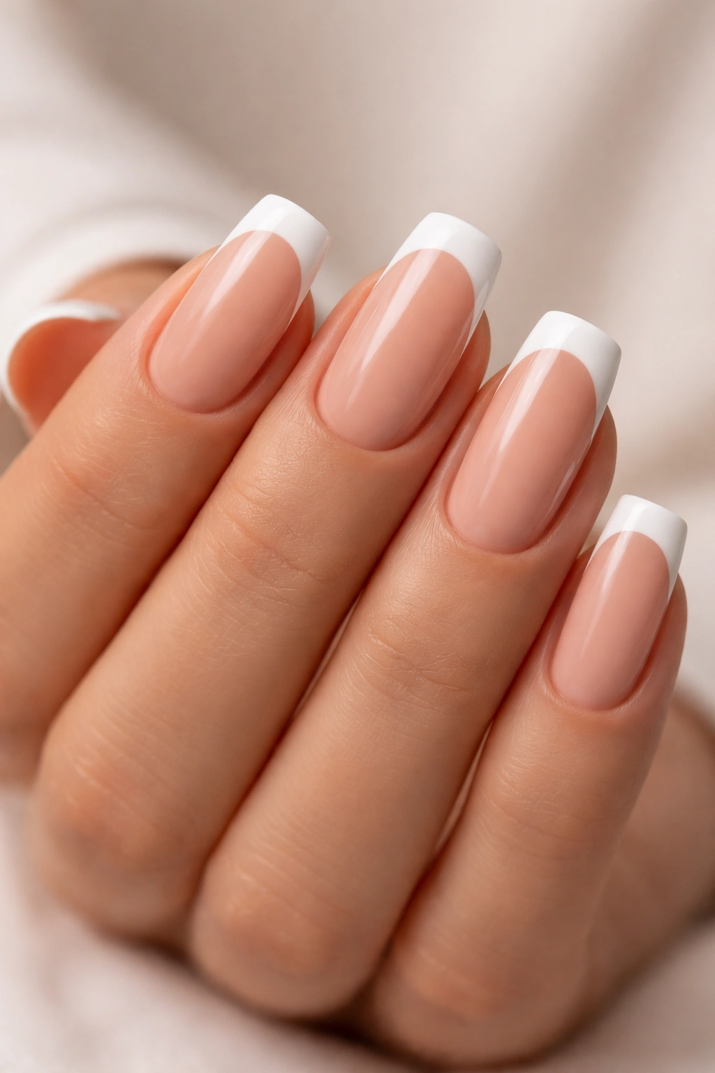 Close-up of nude-base squoval nails with thin white tips, elegant manicure.