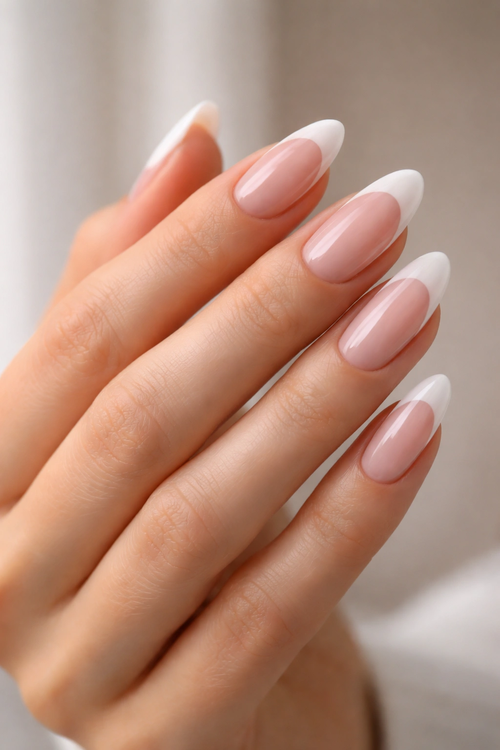Close-up of long oval nails showing varying French tip thickness to illustrate tip selection