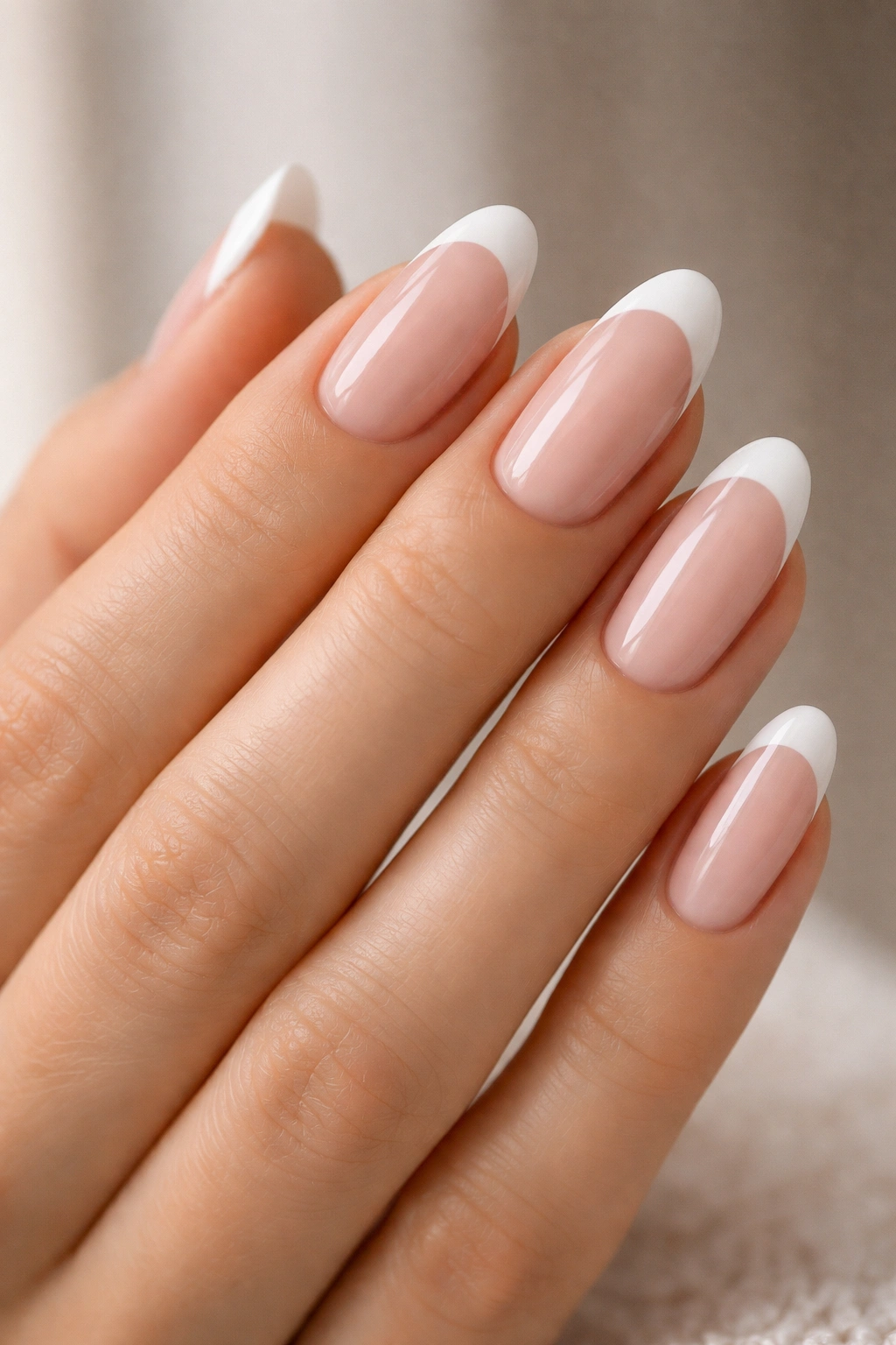Close-up of long oval nails with neat French tips and smooth surface