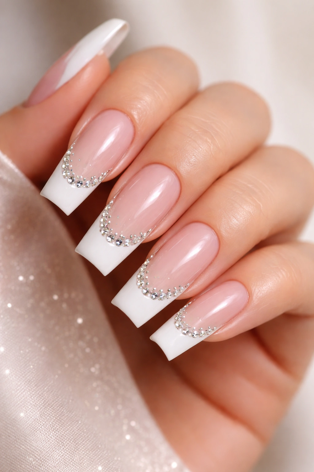 Close-up of coffin nails with rhinestone-lined French tips on a neutral background