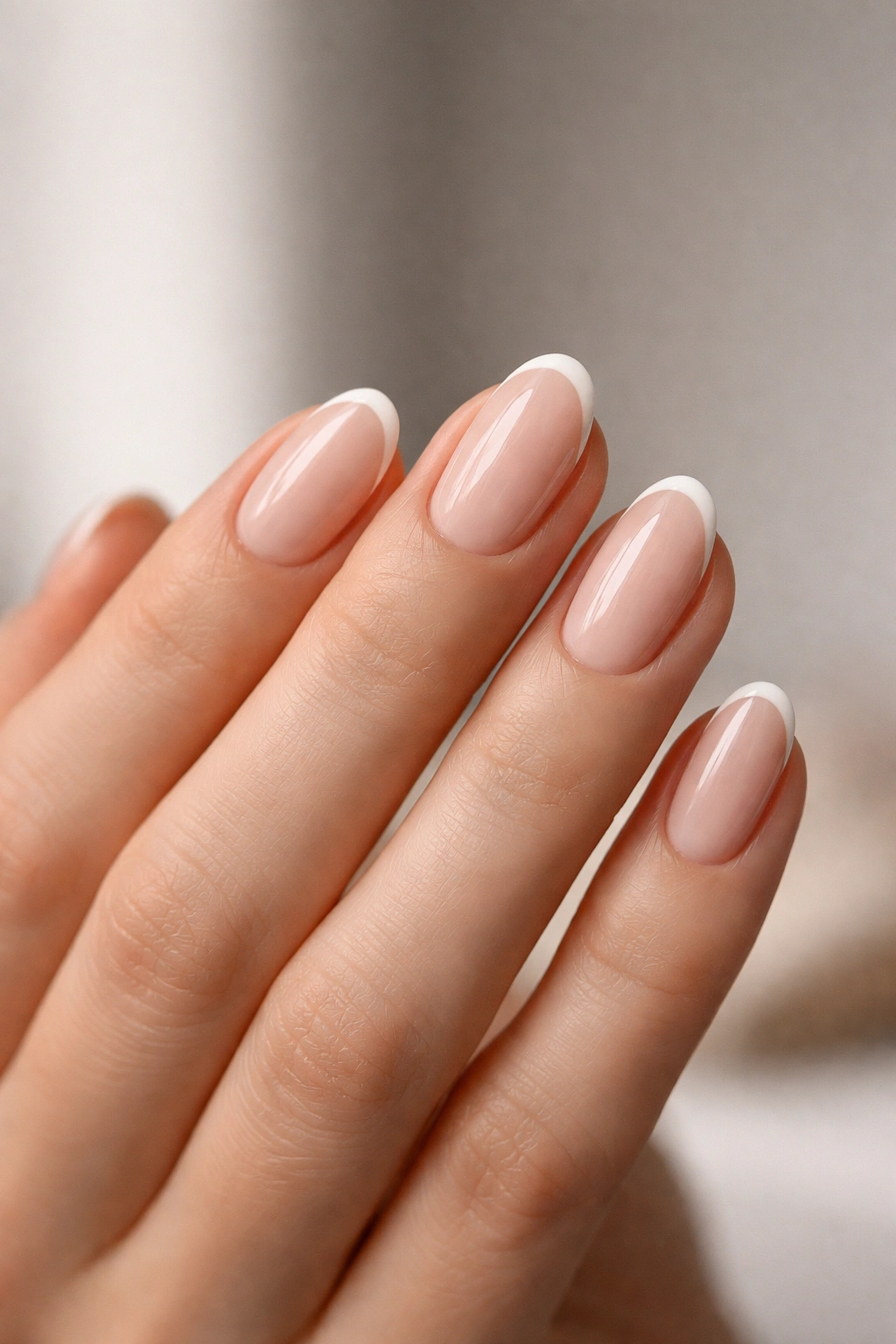 Close-up of short almond nails with a micro French tip