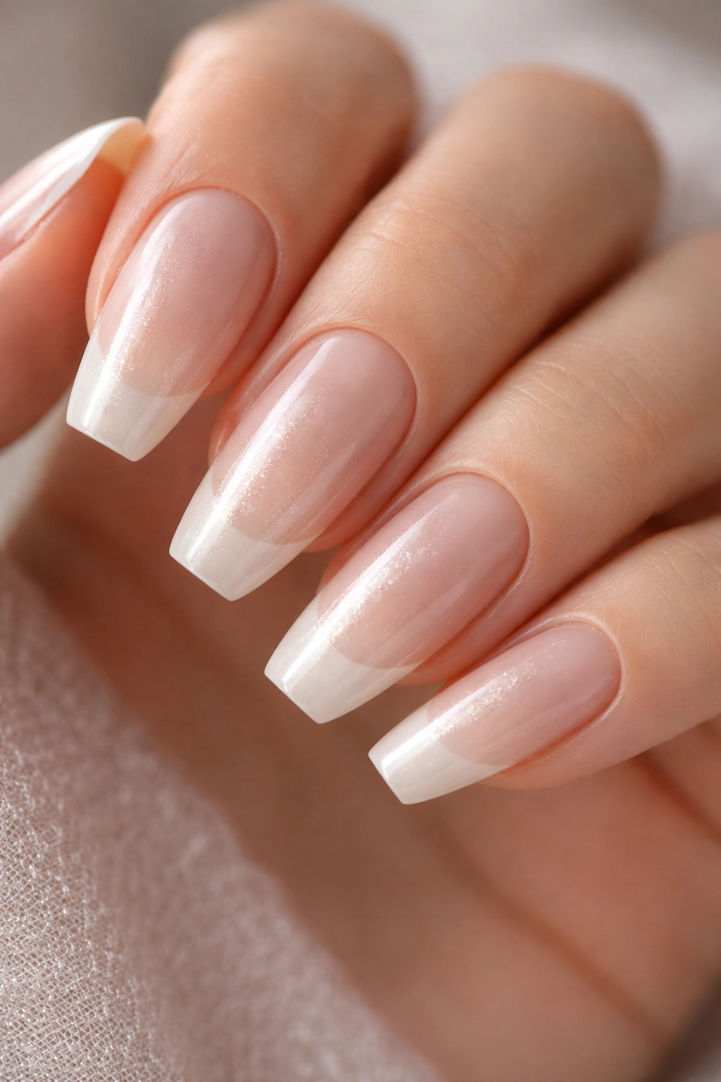 French tip pearl ballerina nails on satin nude base.