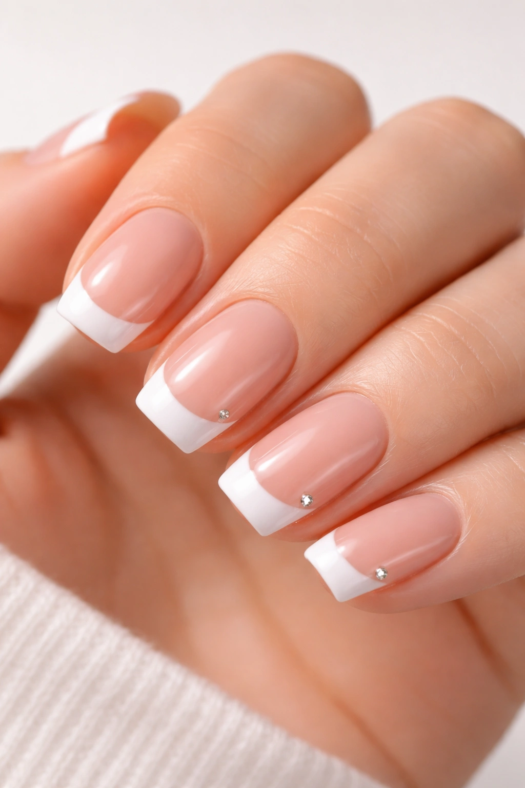 Close-up of squoval nails with white tips and a single rhinestone at the outer corner