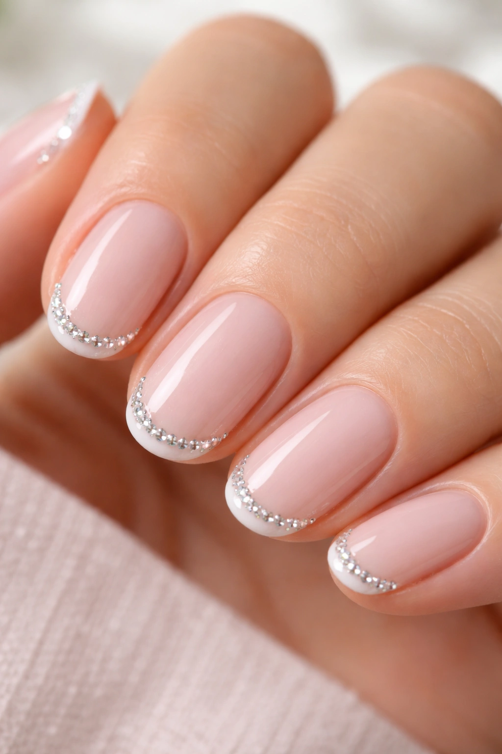 Close-up of a short oval nail with a thin white tip and rhinestones along the edge on a pale pink base