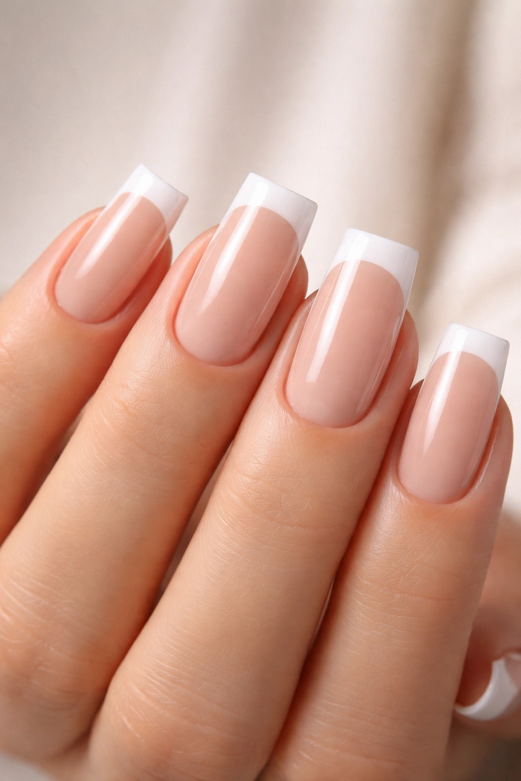 Close-up of French tip square nails on a hand with crisp white tips