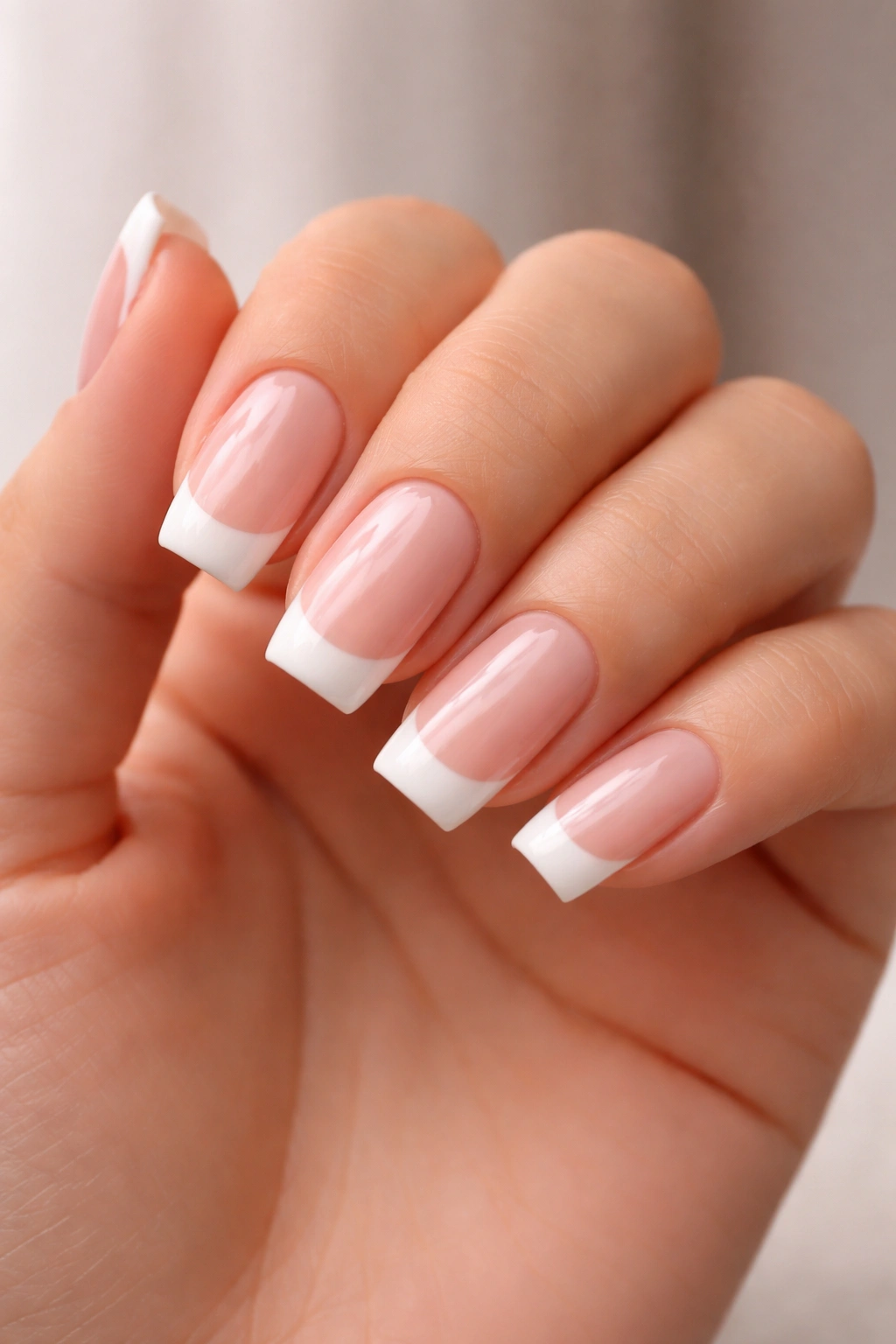 Close-up of French tip squoval nails on a hand with crisp white tips