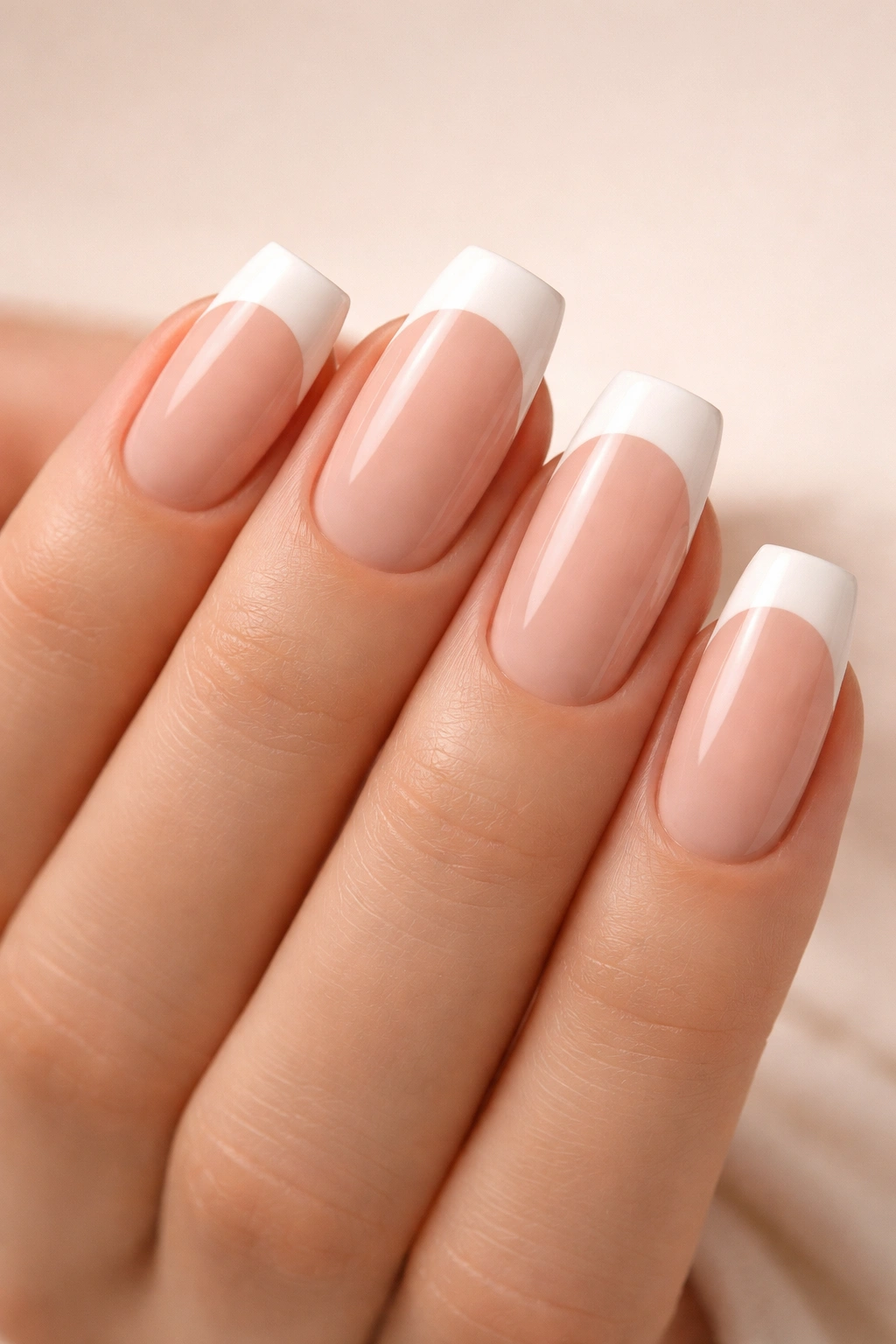 French tip squoval nails on hand with nude base and white tips