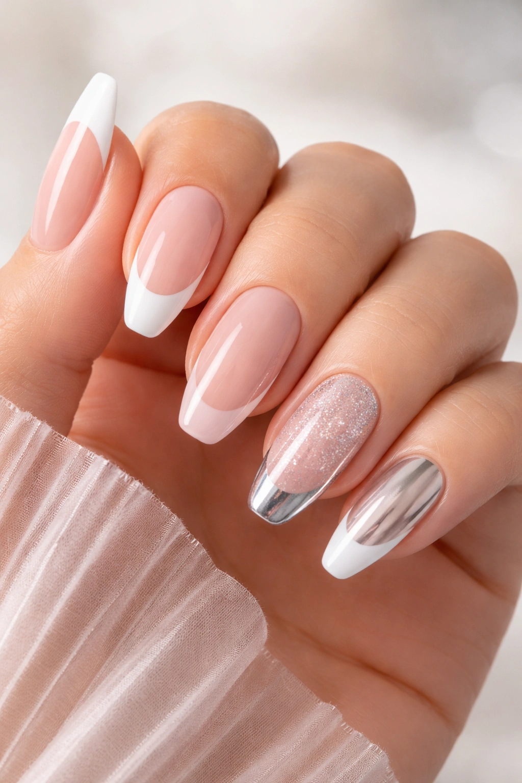 Hand showing multiple nail tip styles on nails
