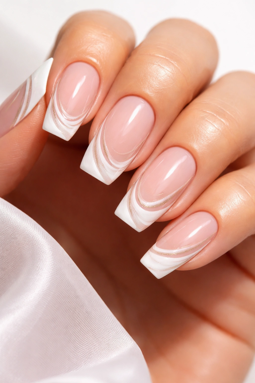 French tip swirl nails with curved tips on sheer pink base