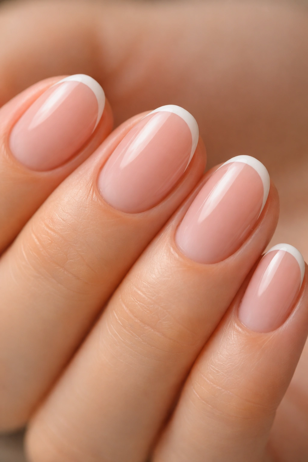 Close-up of short almond nails with a micro-thin 1 mm French tip
