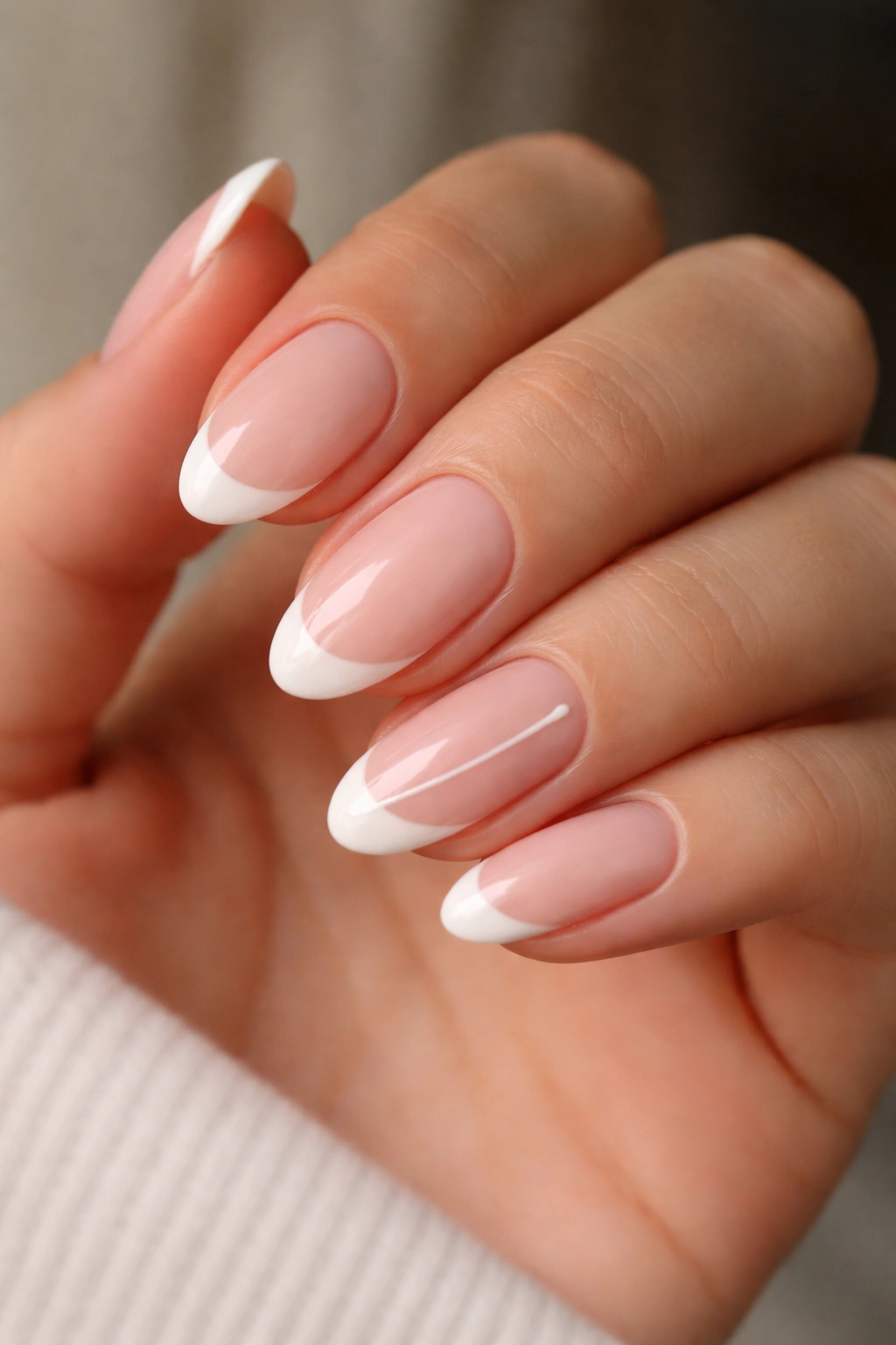 Close-up of nails with white French tips and one accent nail line on a short almond hand