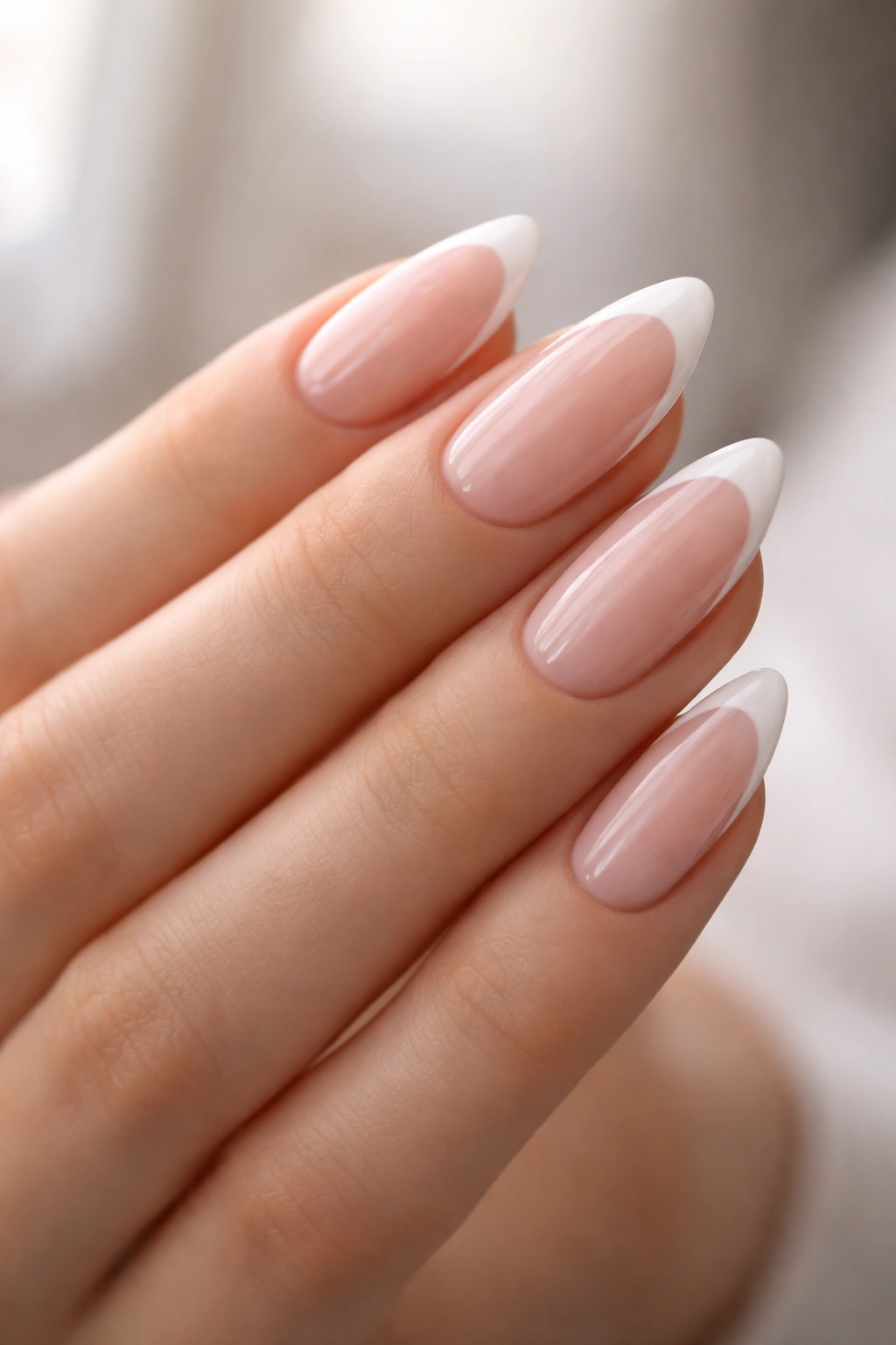Almond nails with slim white French tips